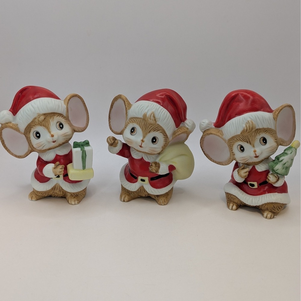 Vintage Homco Ceramic Christmas Mouse Figurines Lot Of 3 Red Santa Holiday Decor